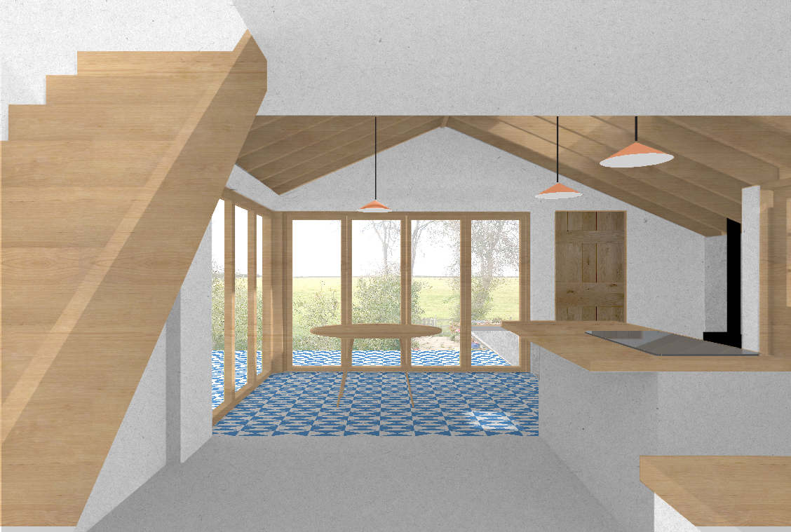 Rendered interior perspective view of the extension looking to the garden.